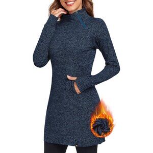 Women's Fleece Running Dress Tunic Sweatshirt 1/4 Zip Mock Neck Dress Navy